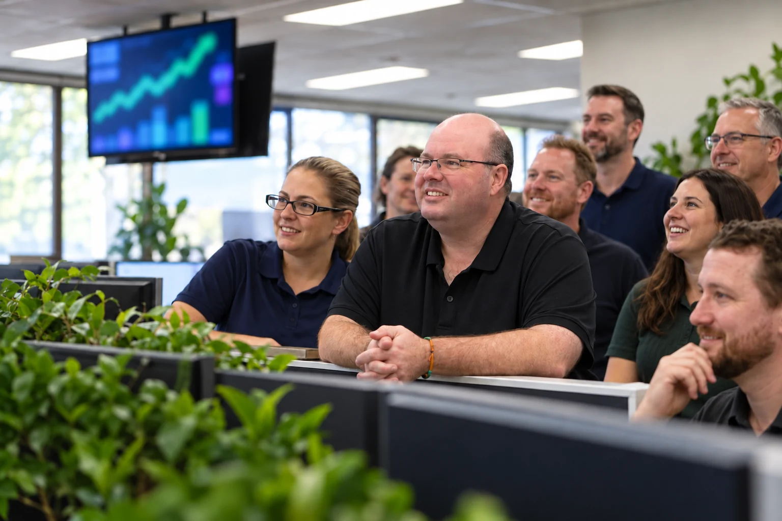 Aussie Broadband team sharing a company milestone in a regional service centre