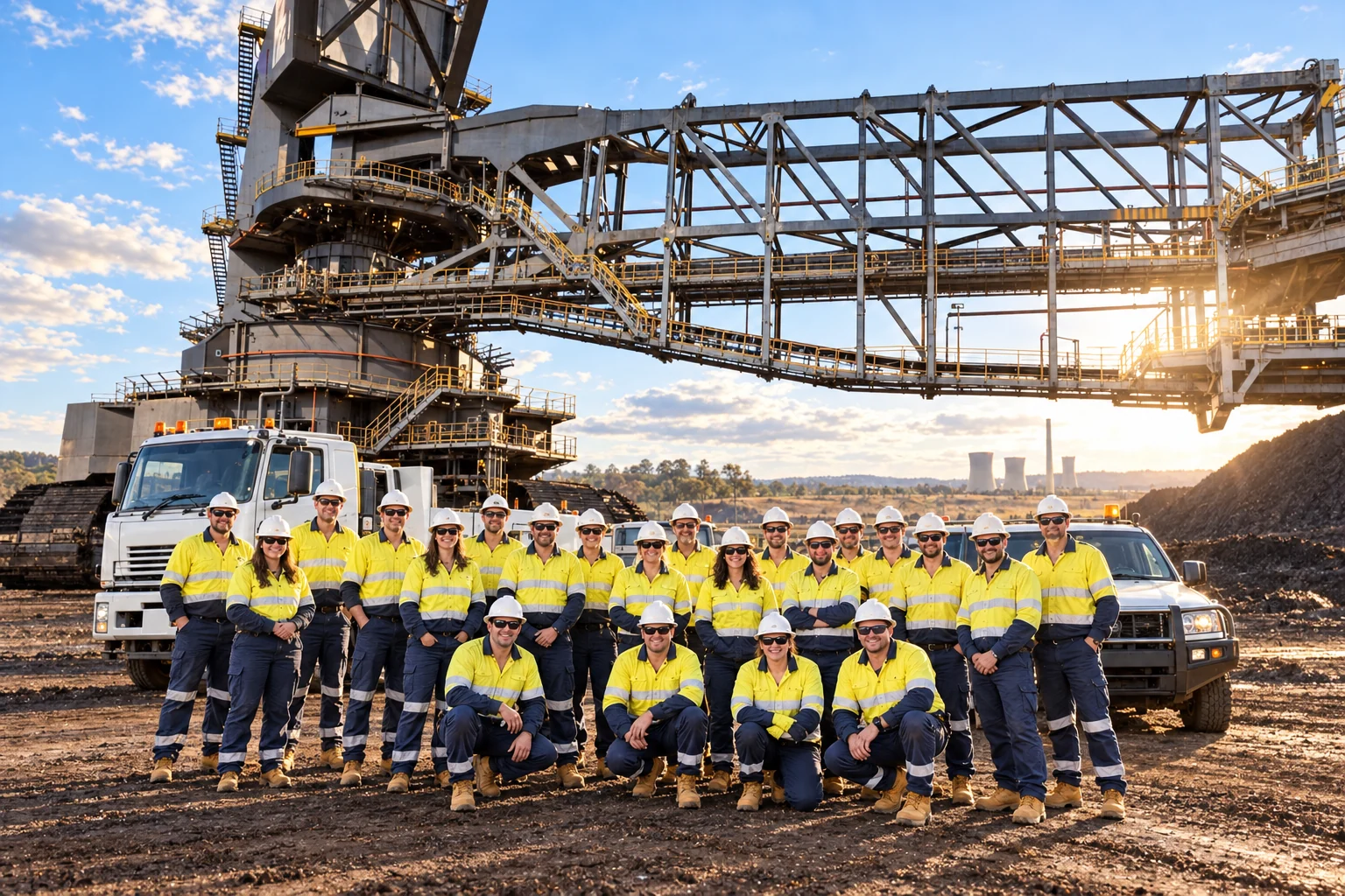 Foundation Civil and Mining crew gathered with heavy equipment