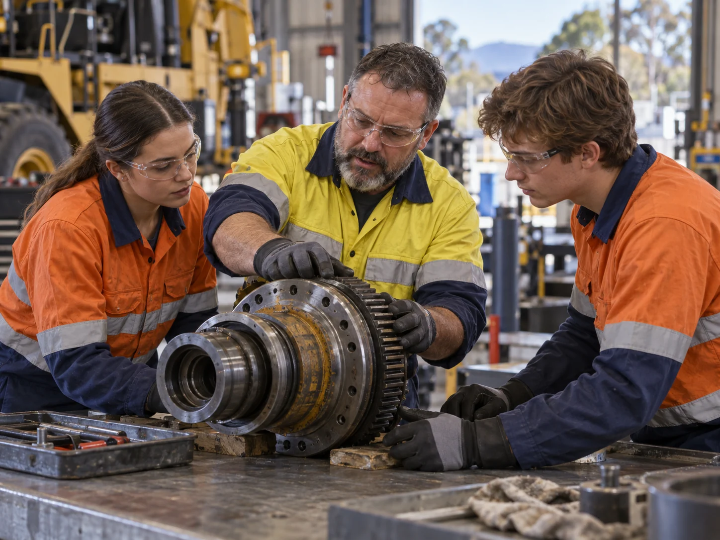 Interpretive scene of an experienced mechanical tradesperson mentoring two apprentices