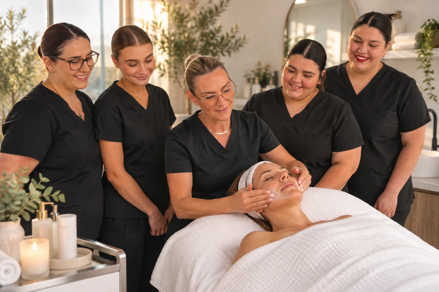 Beauty practitioners caring for a client in a calm treatment room
