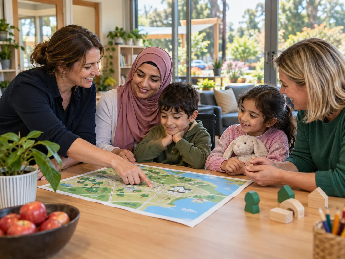 Interpretive scene of migration advisers welcoming a family to a regional community
