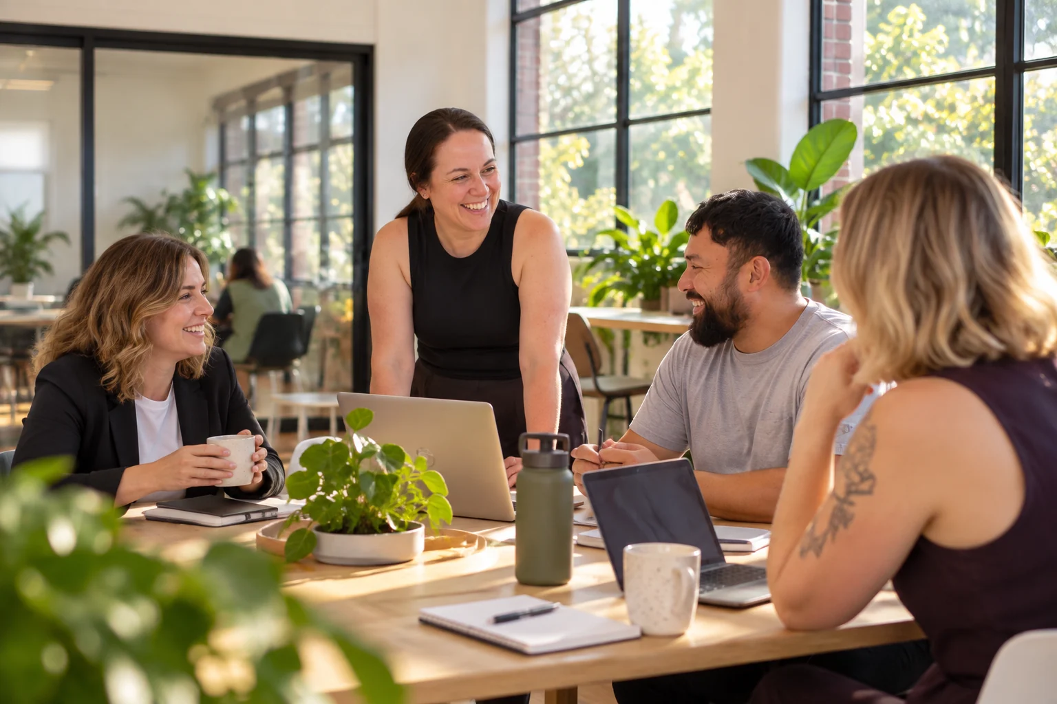 People connecting around a shared table in a regional coworking space