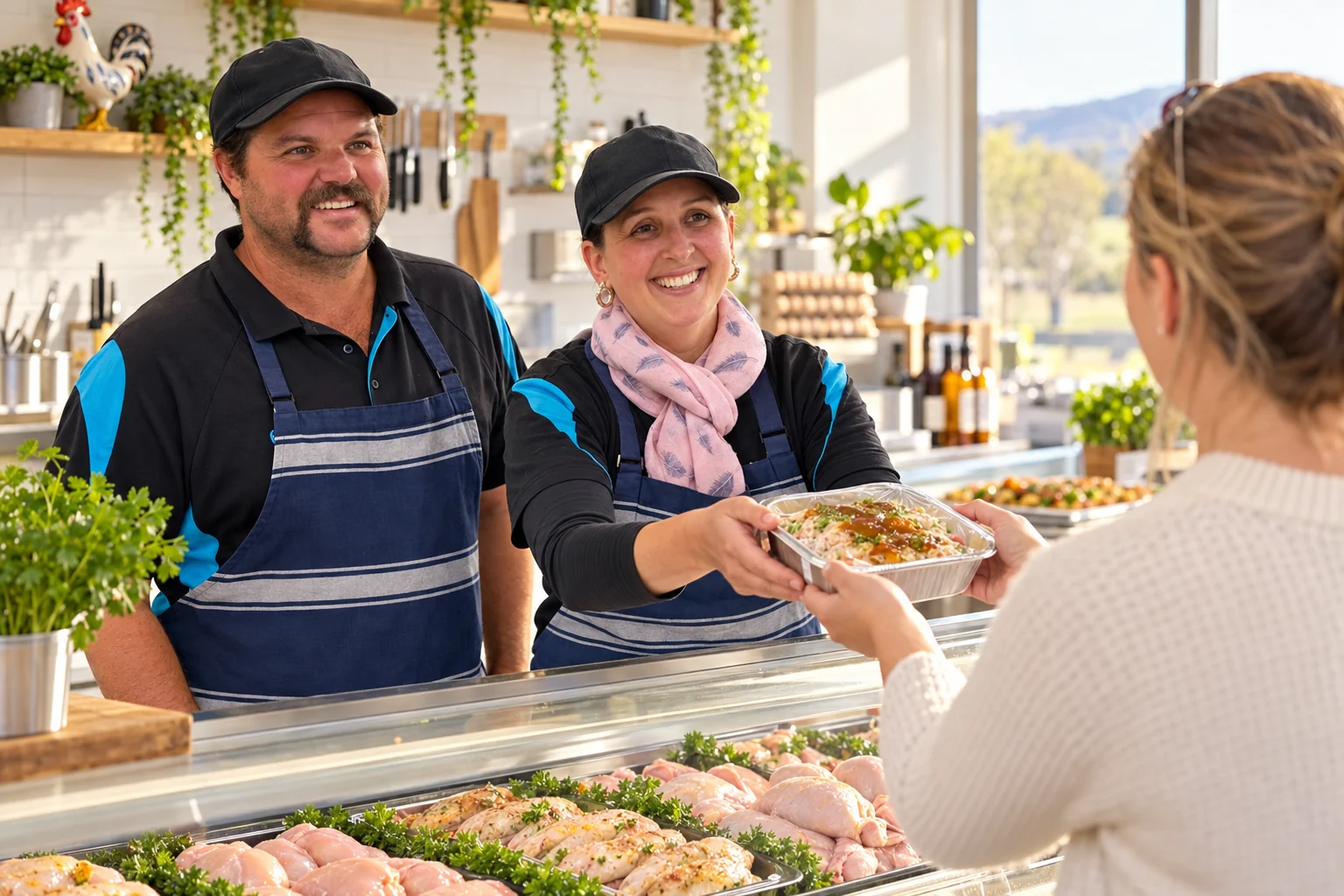 Moe Fresh Poultry owners serving a customer in their specialist shop