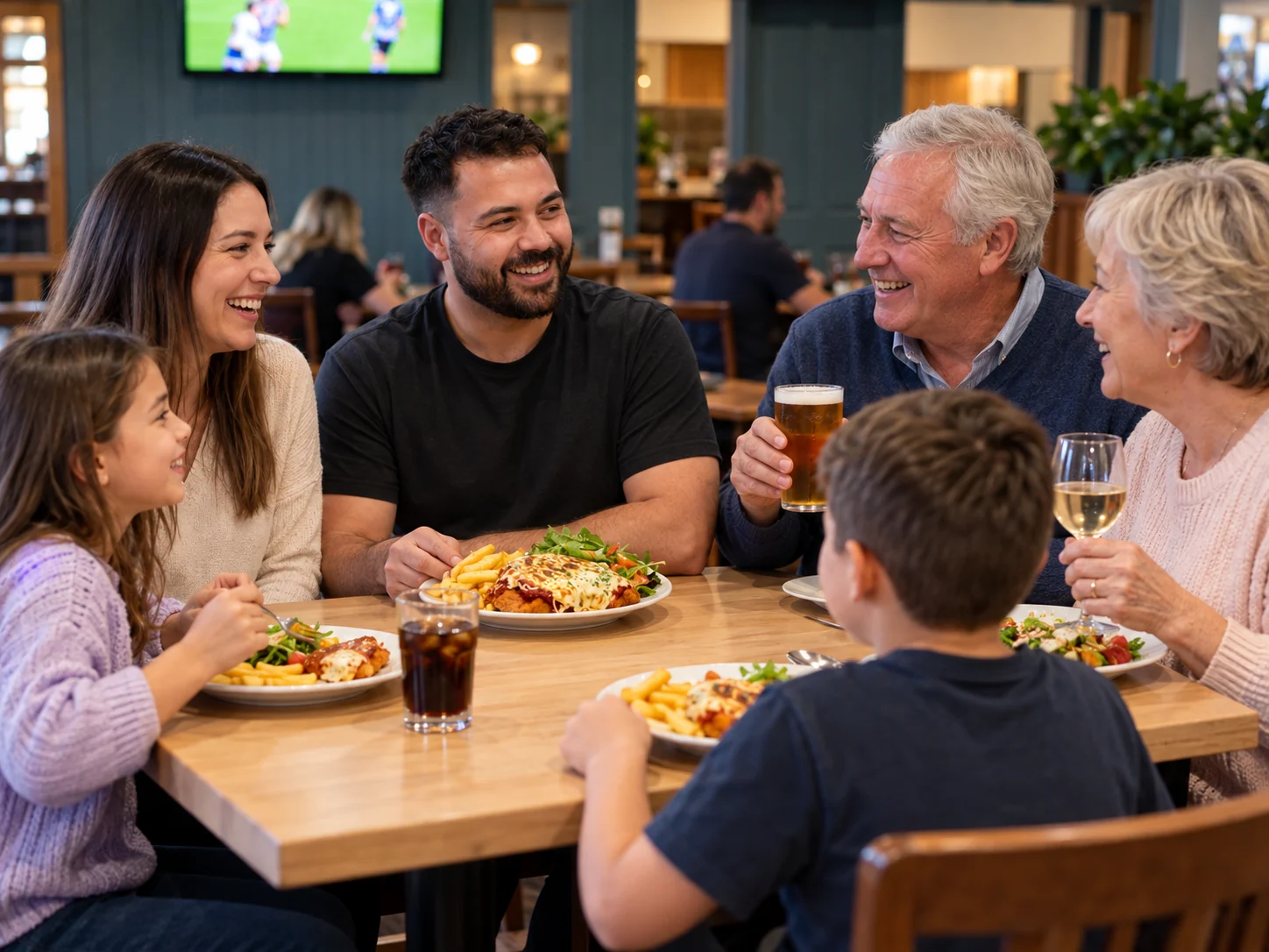 Interpretive scene of family and friends sharing a meal at a regional pub