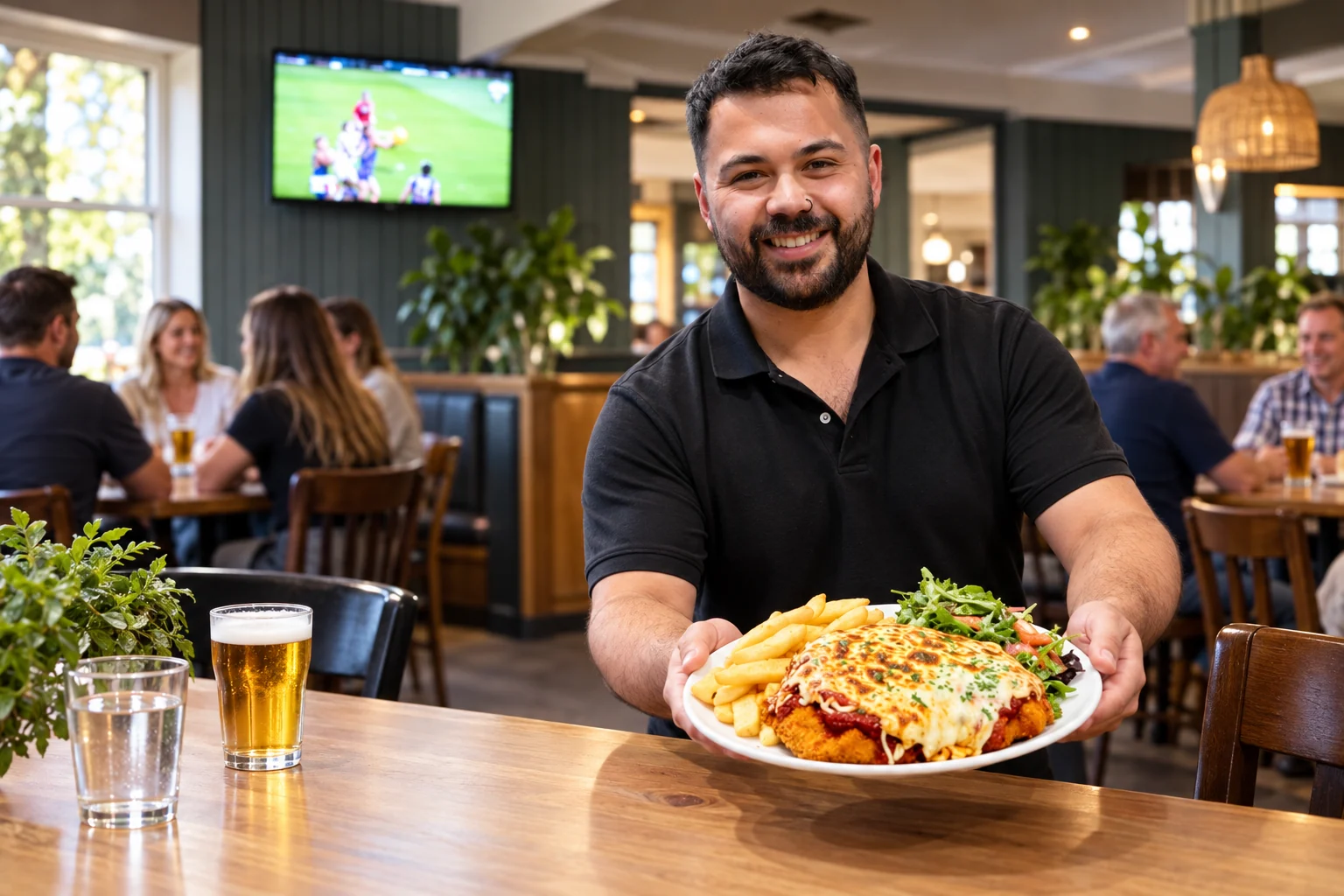 Interpretive scene of a Newborough Hotel team member presenting a chicken parmigiana