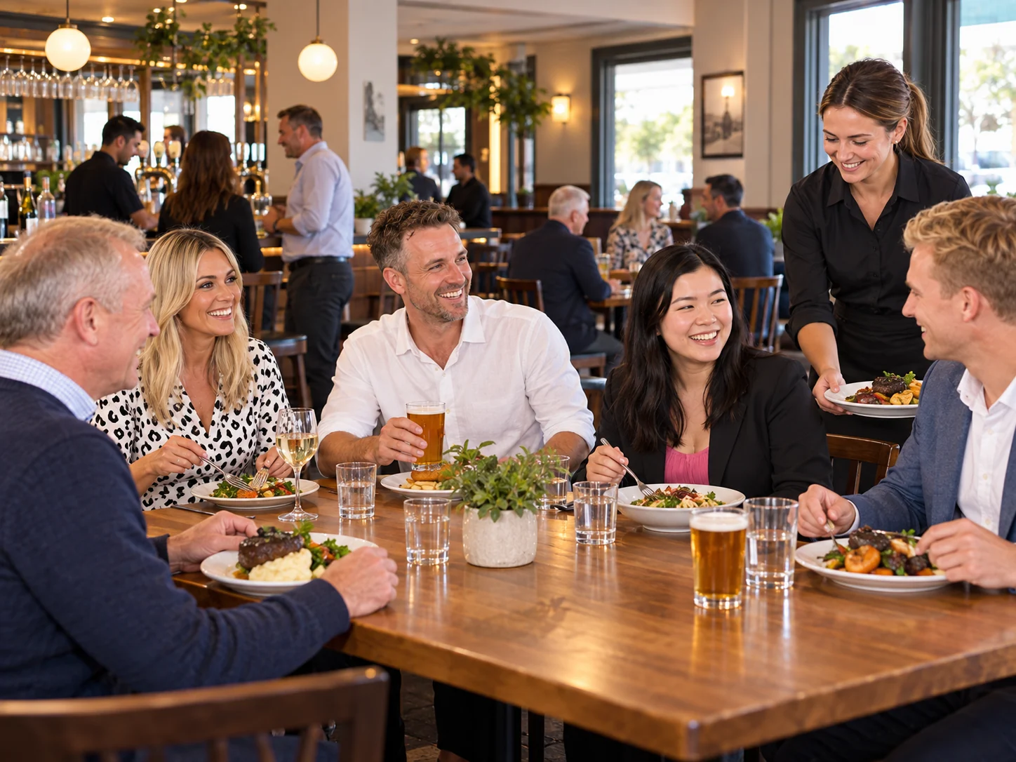 Interpretive scene of local friends sharing a meal with attentive hotel staff