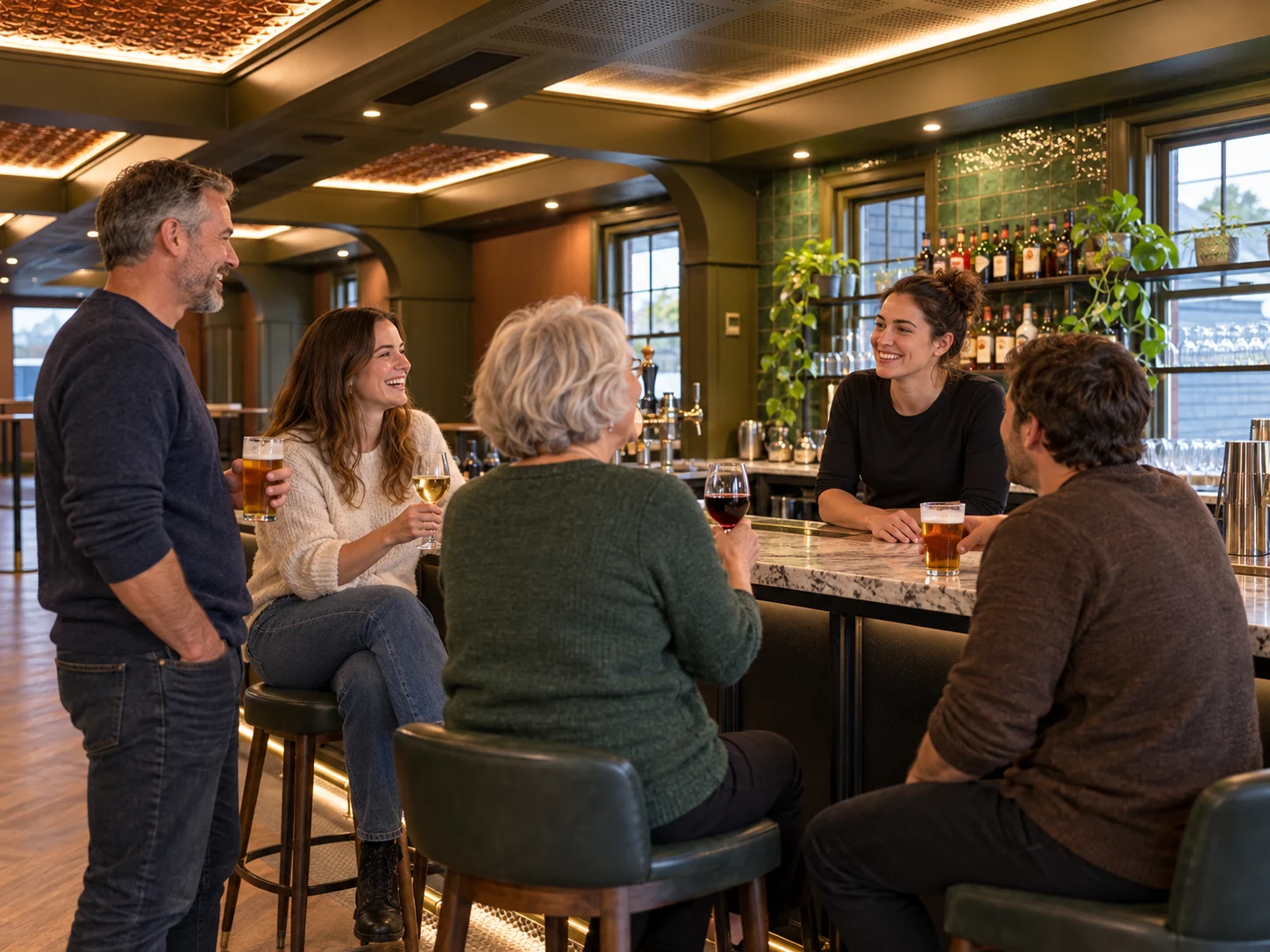 Interpretive scene of friends connecting with a welcoming regional bartender