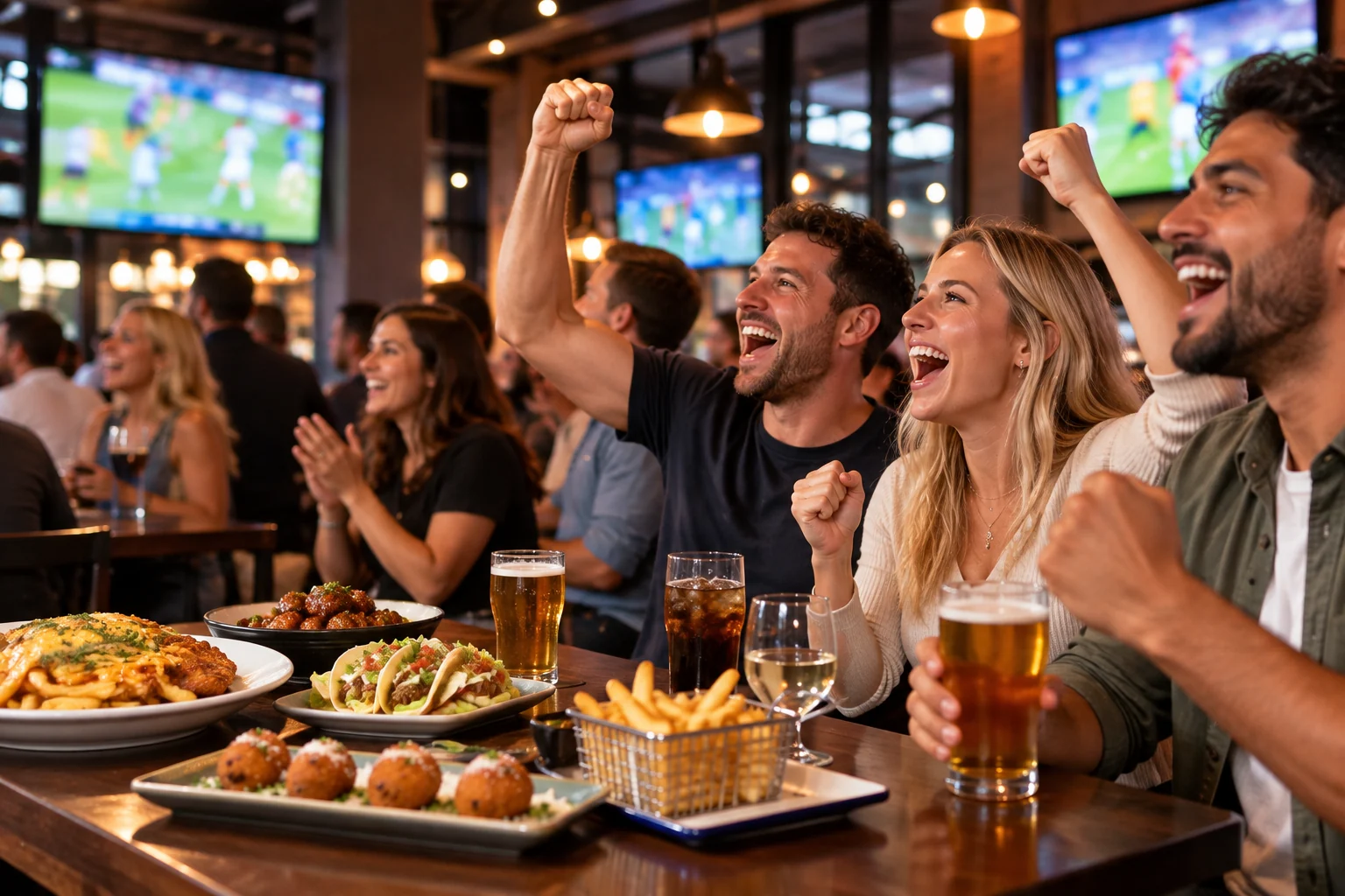 Interpretive scene of local supporters sharing a live-sport moment in a regional bar