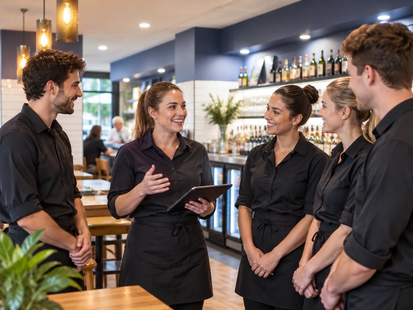 Interpretive scene of a regional hospitality team briefing about customer care