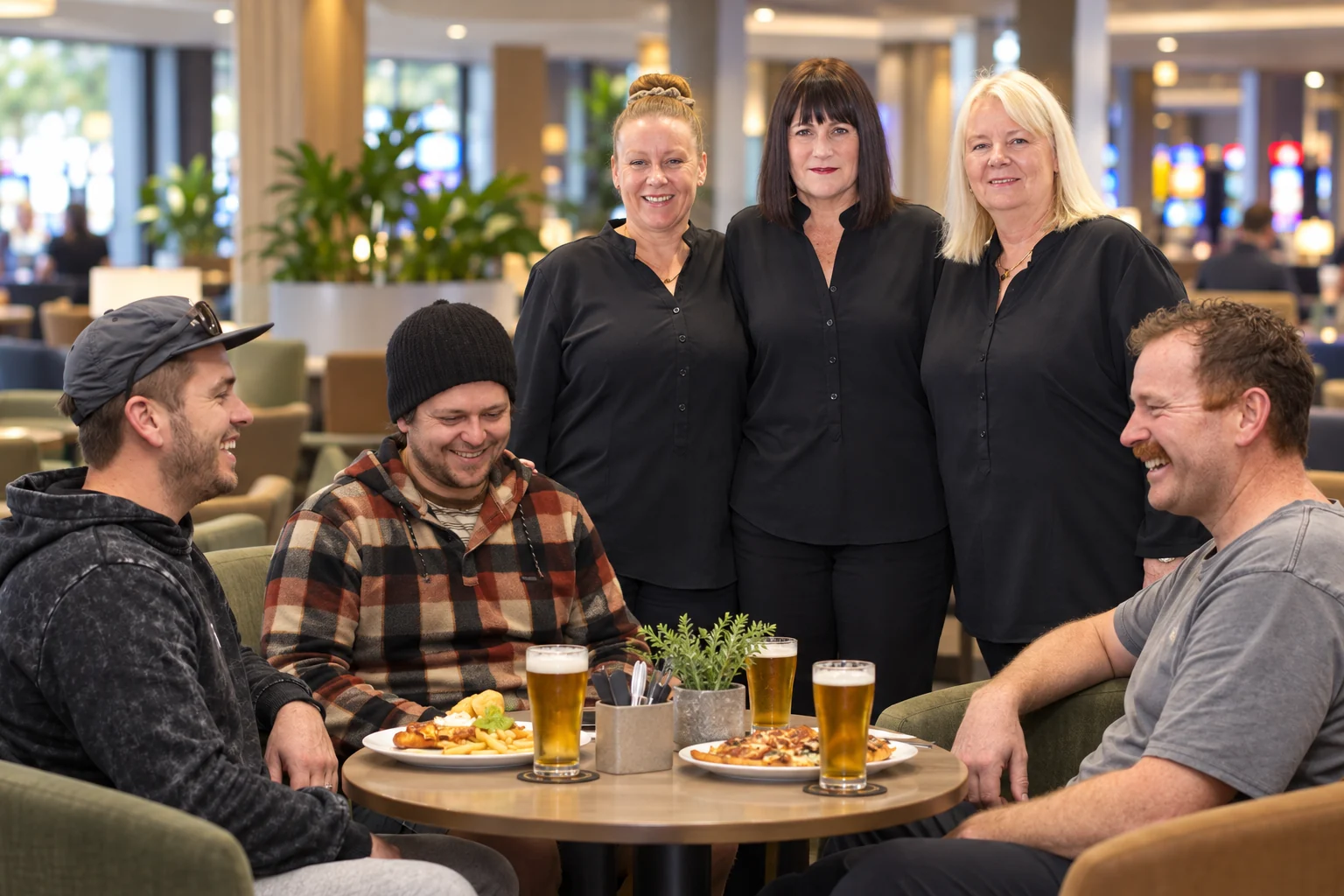 Interpretive scene of venue staff welcoming adult guests in a regional lounge