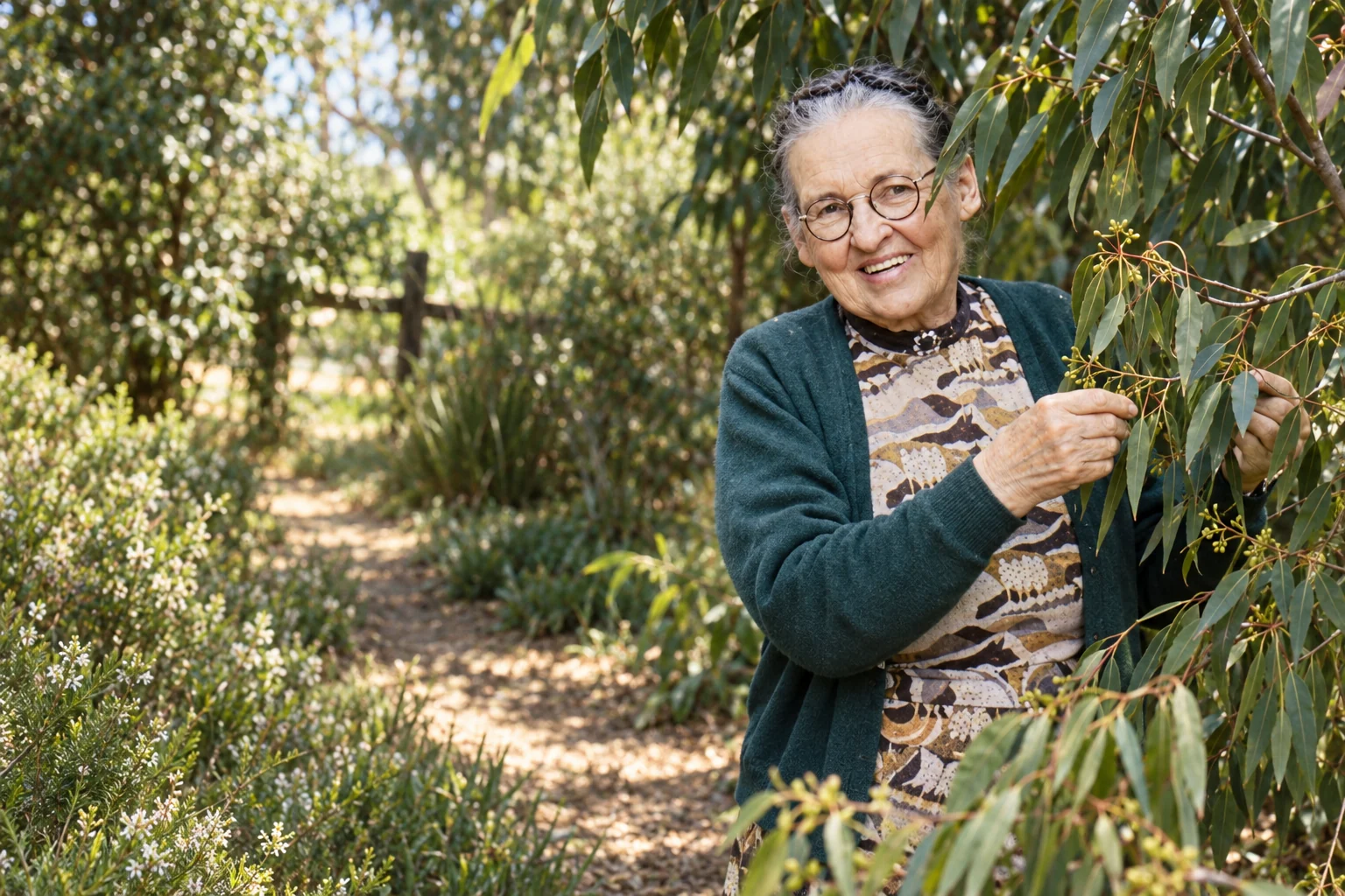 Colour interpretive portrait of Jean Galbraith examining a native eucalyptus in her garden