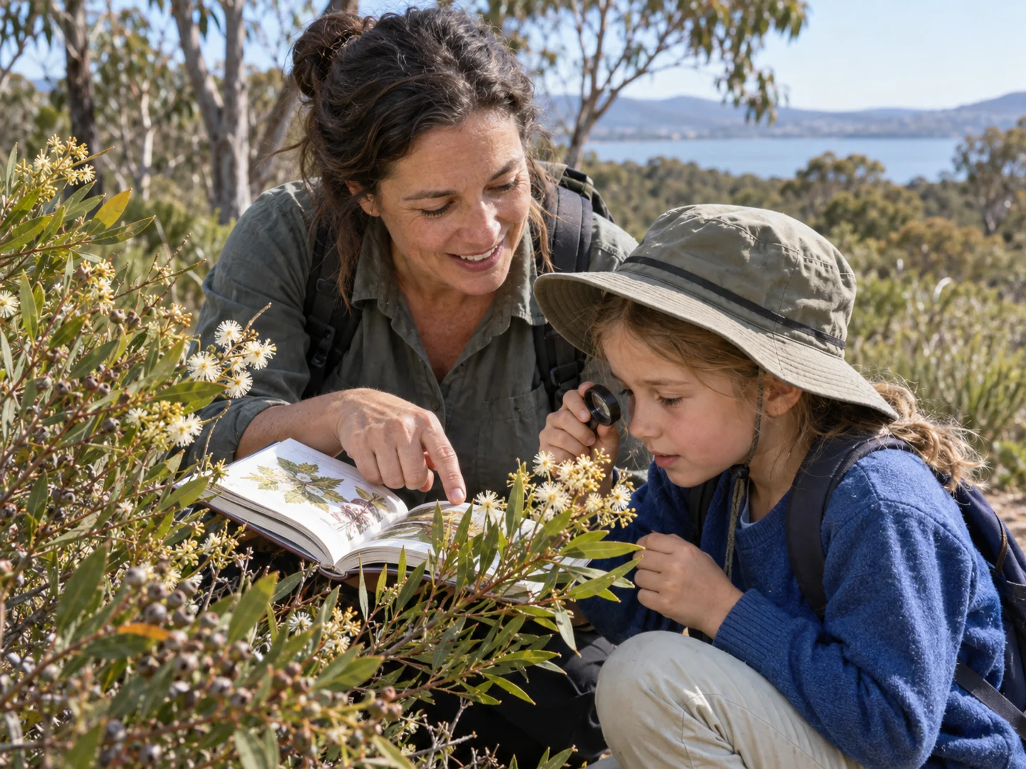 Interpretive scene of an adult and child identifying a native plant with a field guide