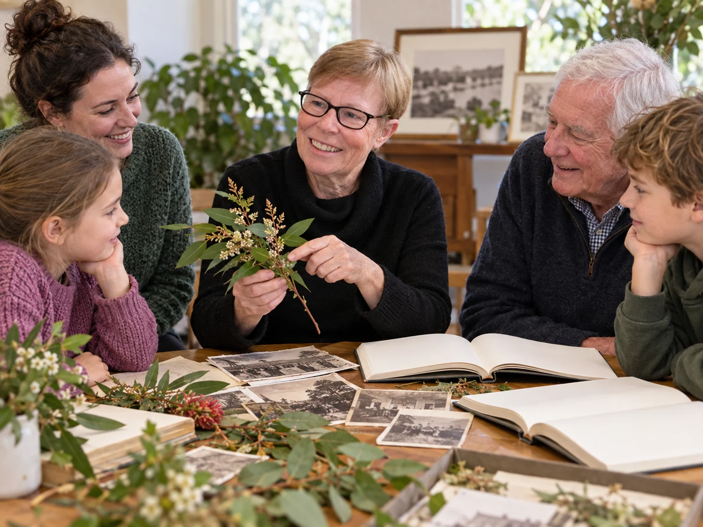 Interpretive scene of Meredith Fletcher sharing botanical history with a local group