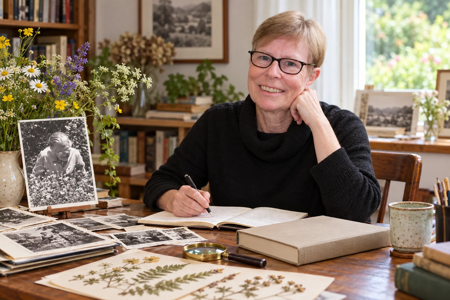 Colour interpretive portrait of Meredith Fletcher working with botanical and community archives