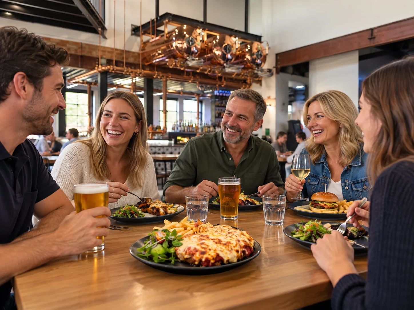 Interpretive scene of friends sharing a pub meal at the Crown Hotel