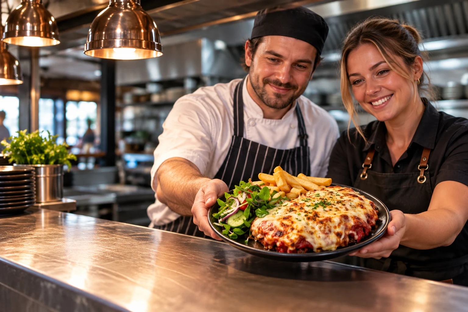 Interpretive scene of a Crown Hotel kitchen team presenting a chicken parmigiana