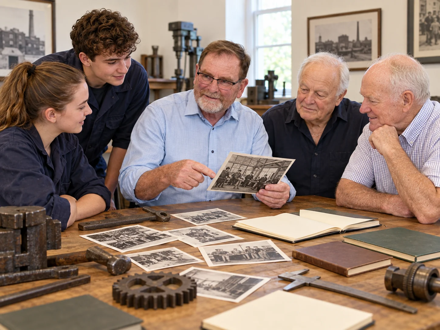 Interpretive scene of Graham Goulding sharing industrial history across generations