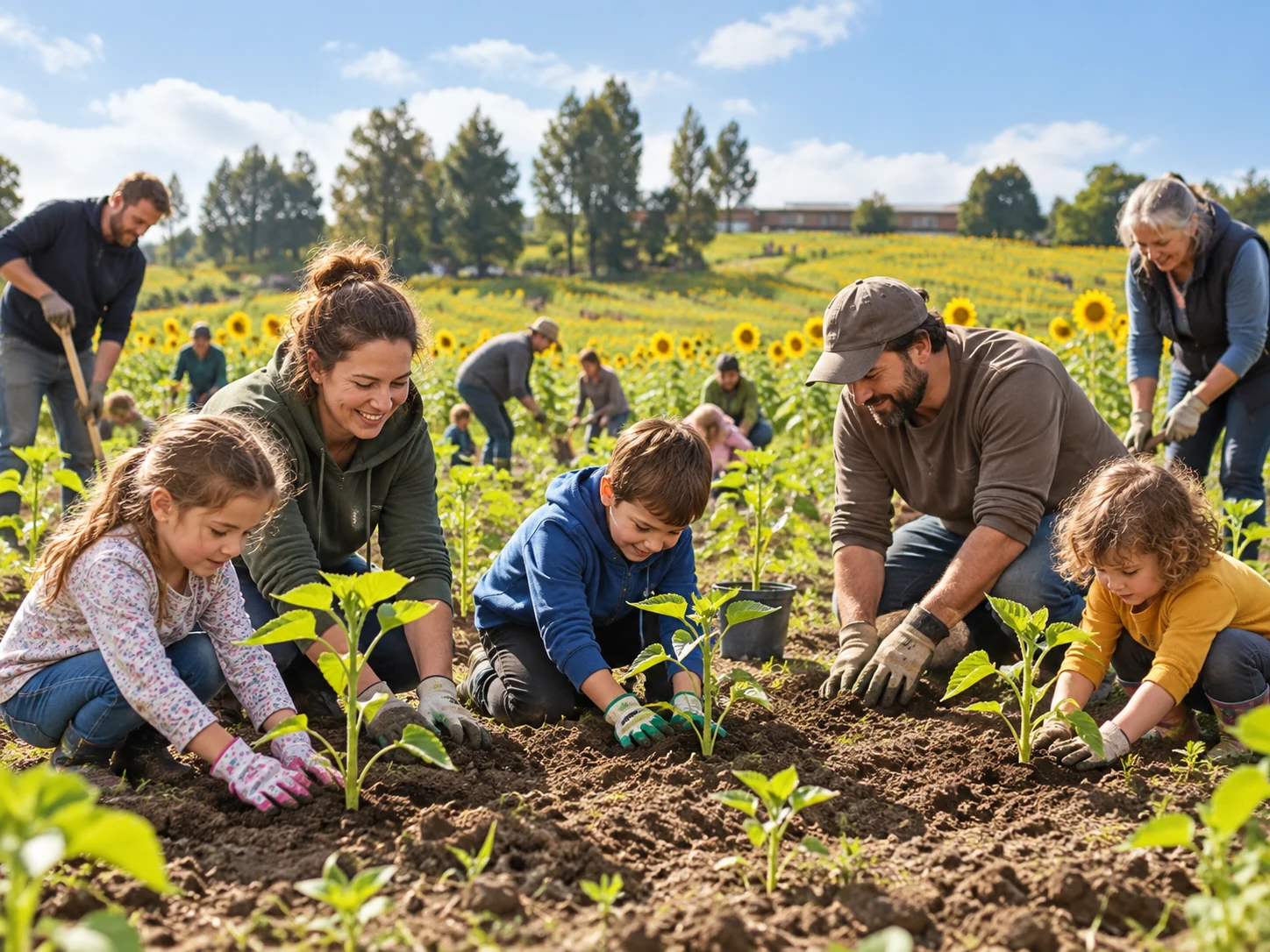 Interpretive scene of families and volunteers planting sunflowers together