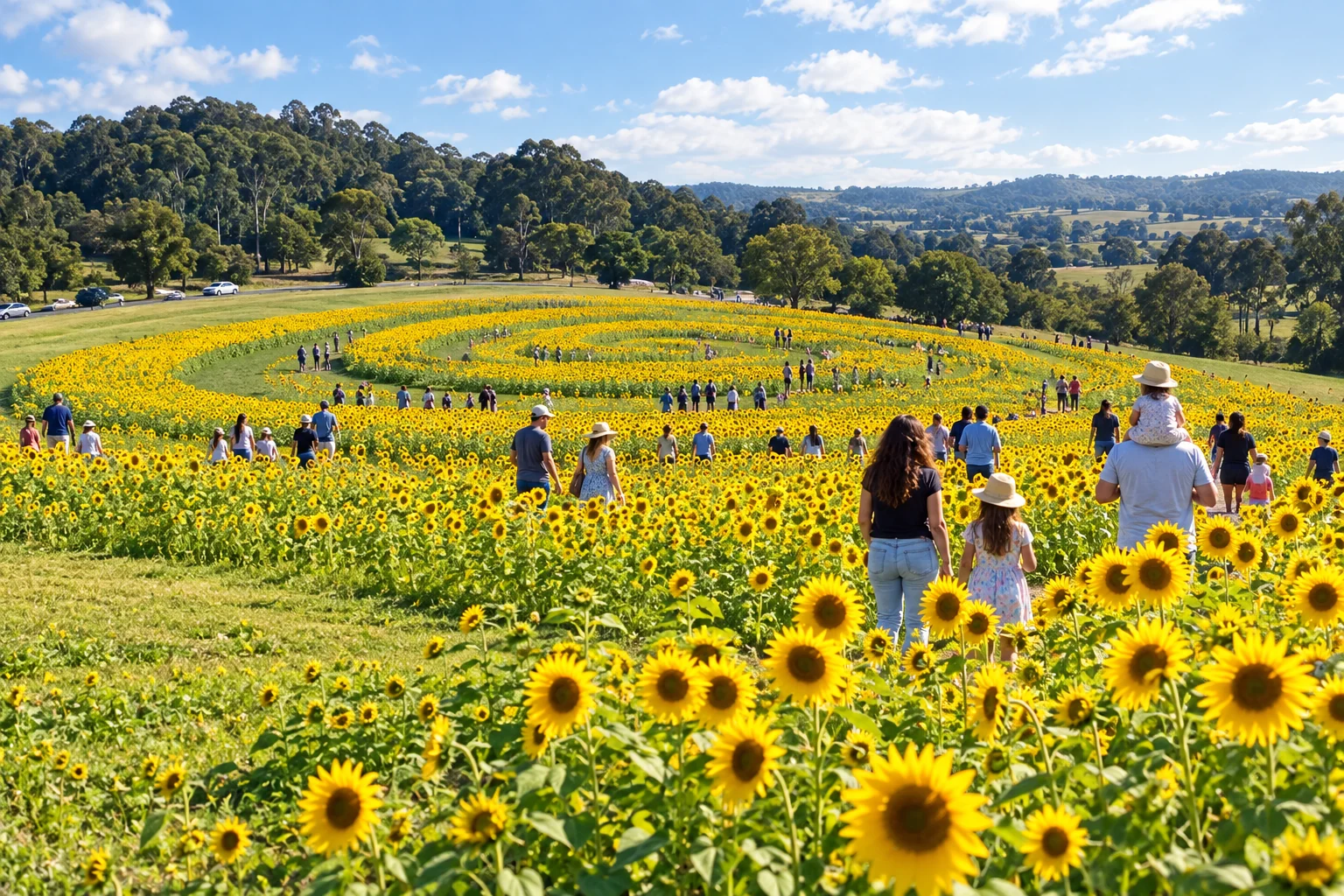 Interpretive landscape of people walking through the Get Sunflowered installation