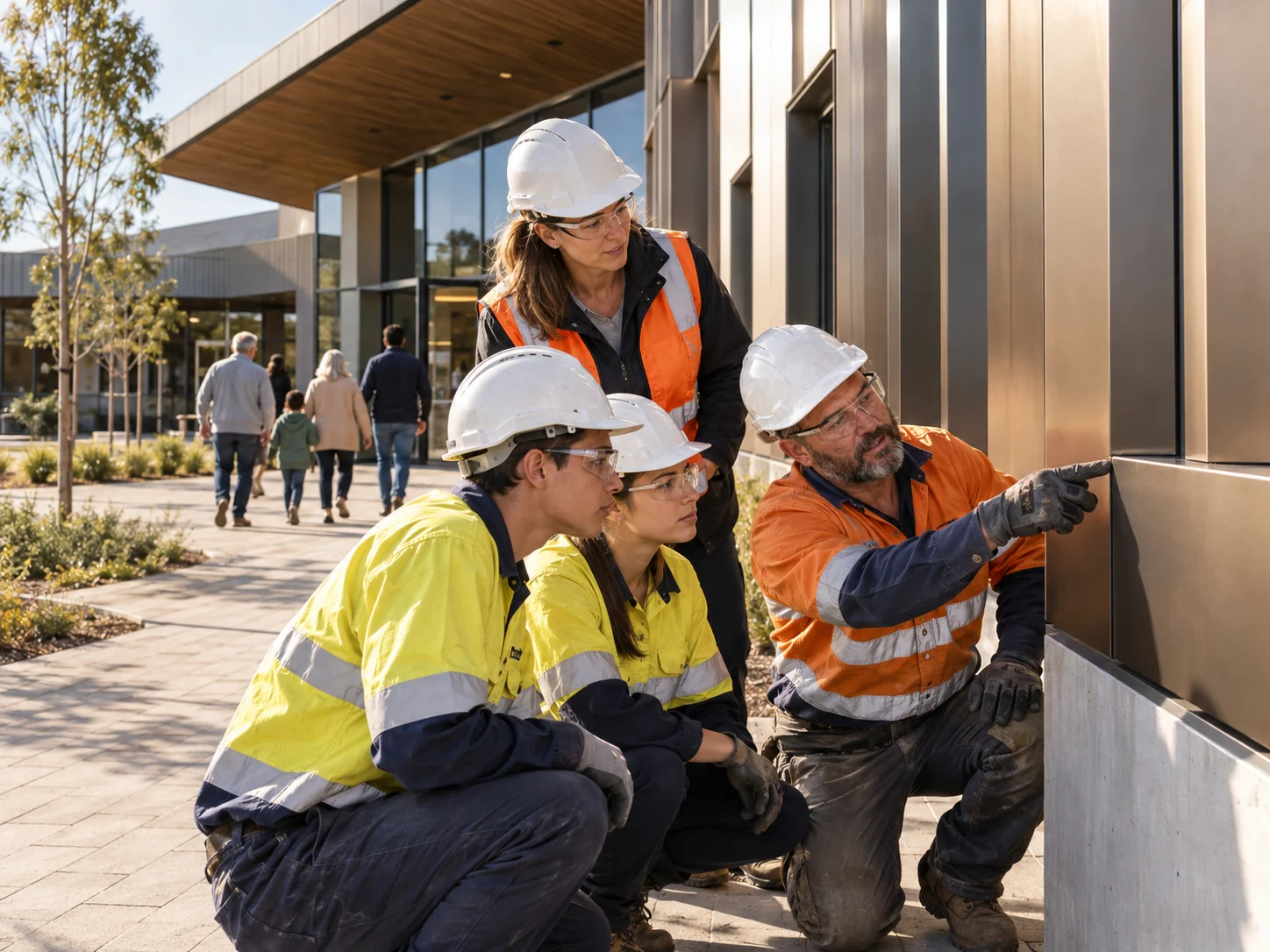 Interpretive scene of steel tradespeople teaching apprentices about cladding on a completed civic building