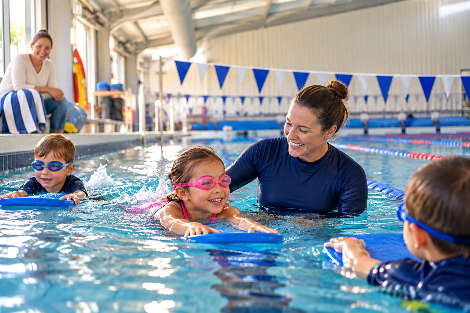 Swimming instructor helping children build confidence in the pool