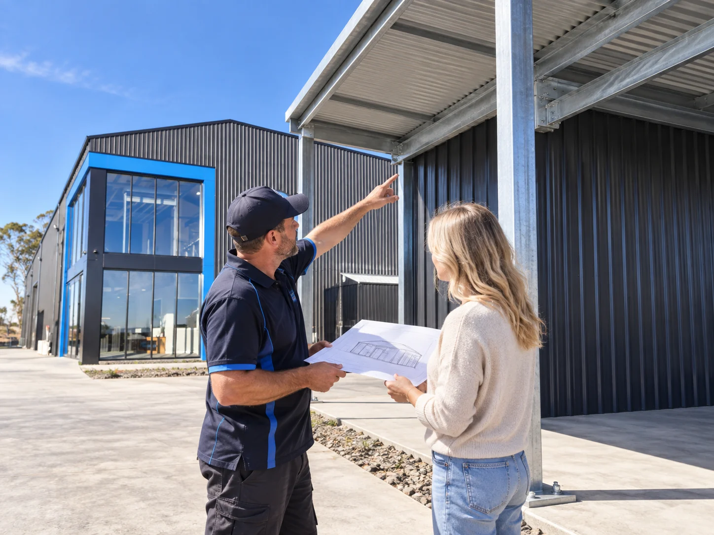 Interpretive scene of a staff member helping a customer plan a shed project