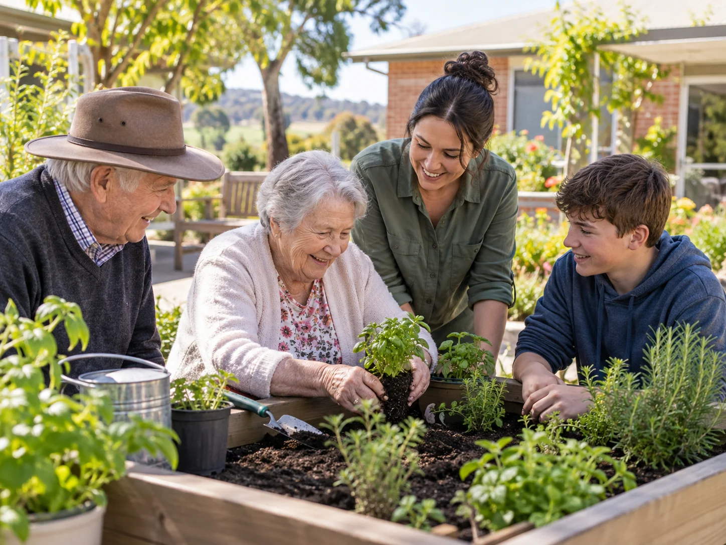 Interpretive scene of residents, a care worker and a teenager gardening together at an aged-care village