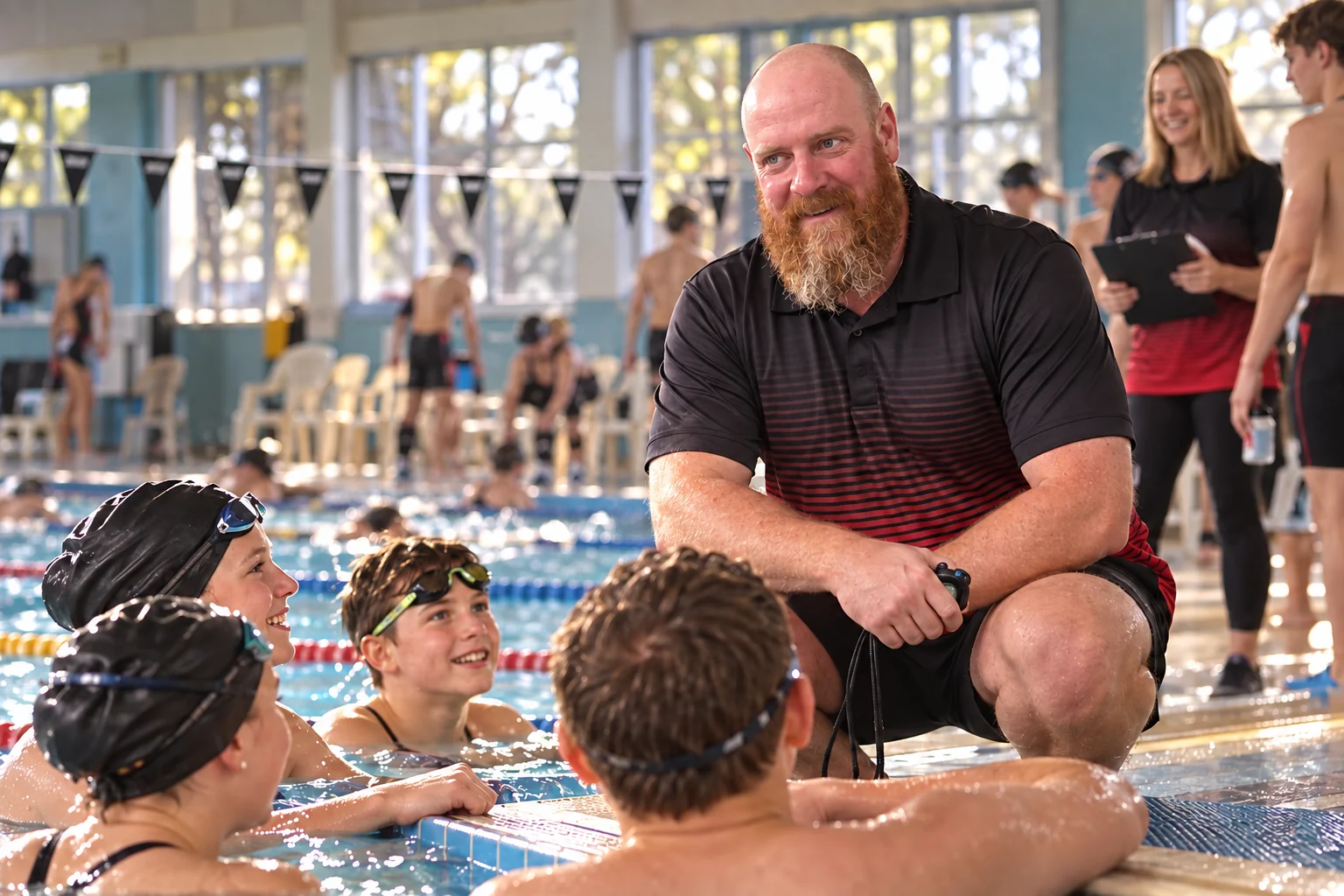 Reg Poxon coaching young swimmers beside the pool