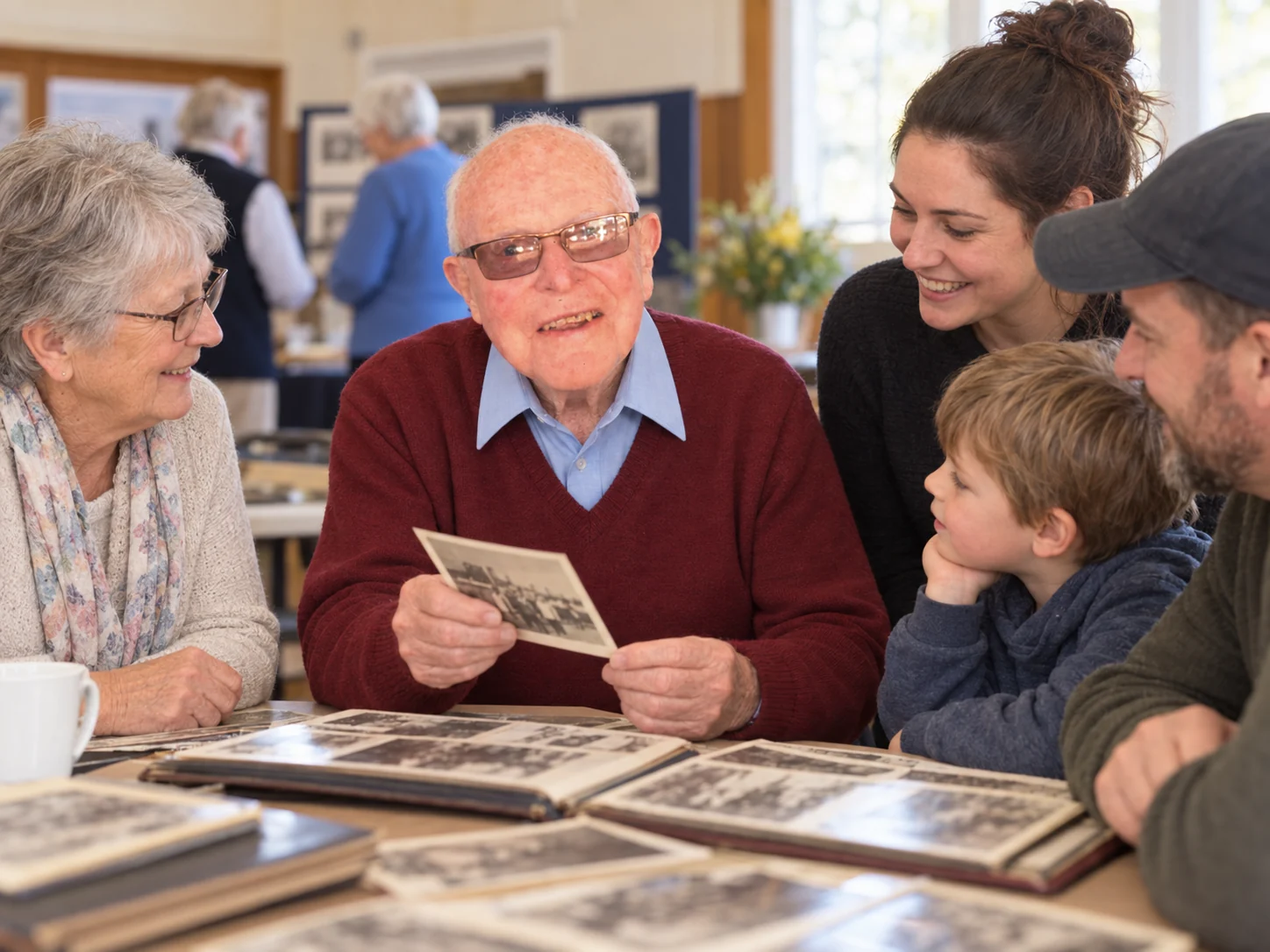 Interpretive scene of Keith Brownbill sharing local photographs with residents across generations