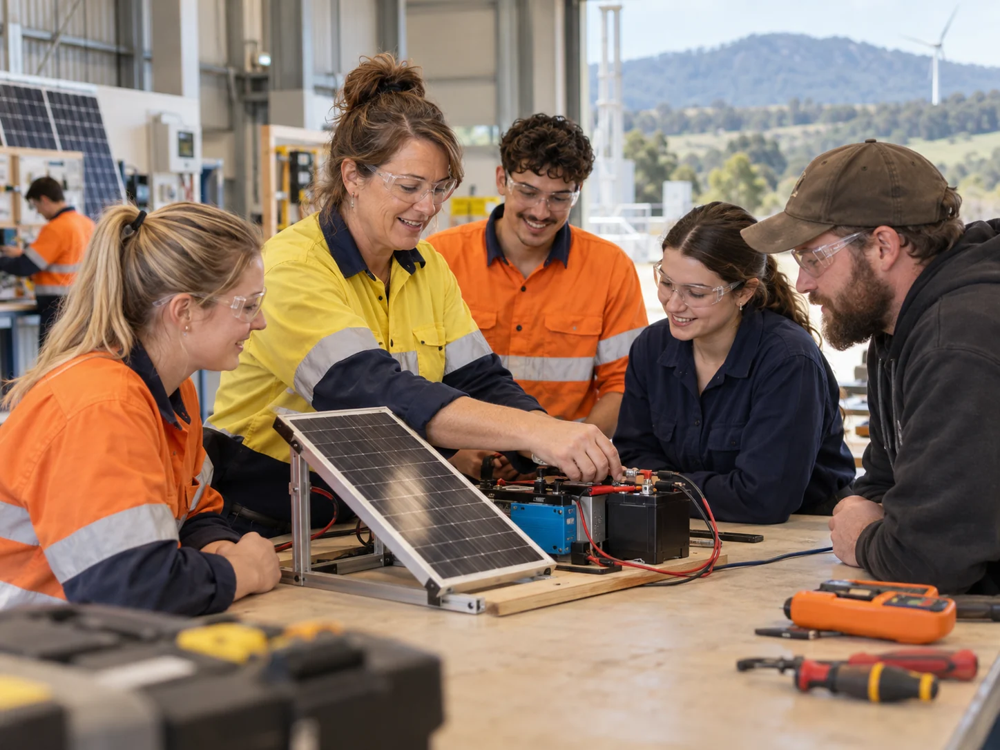 Interpretive scene of a vocational trainer guiding mixed-age students through a renewable-energy exercise