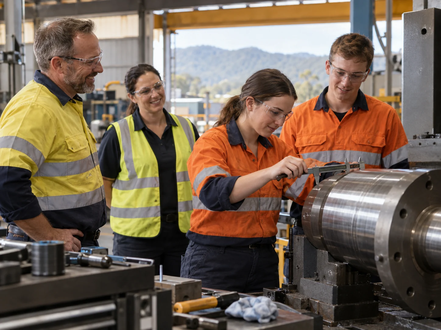 Interpretive scene of trade graduates applying their regional training in an engineering workplace