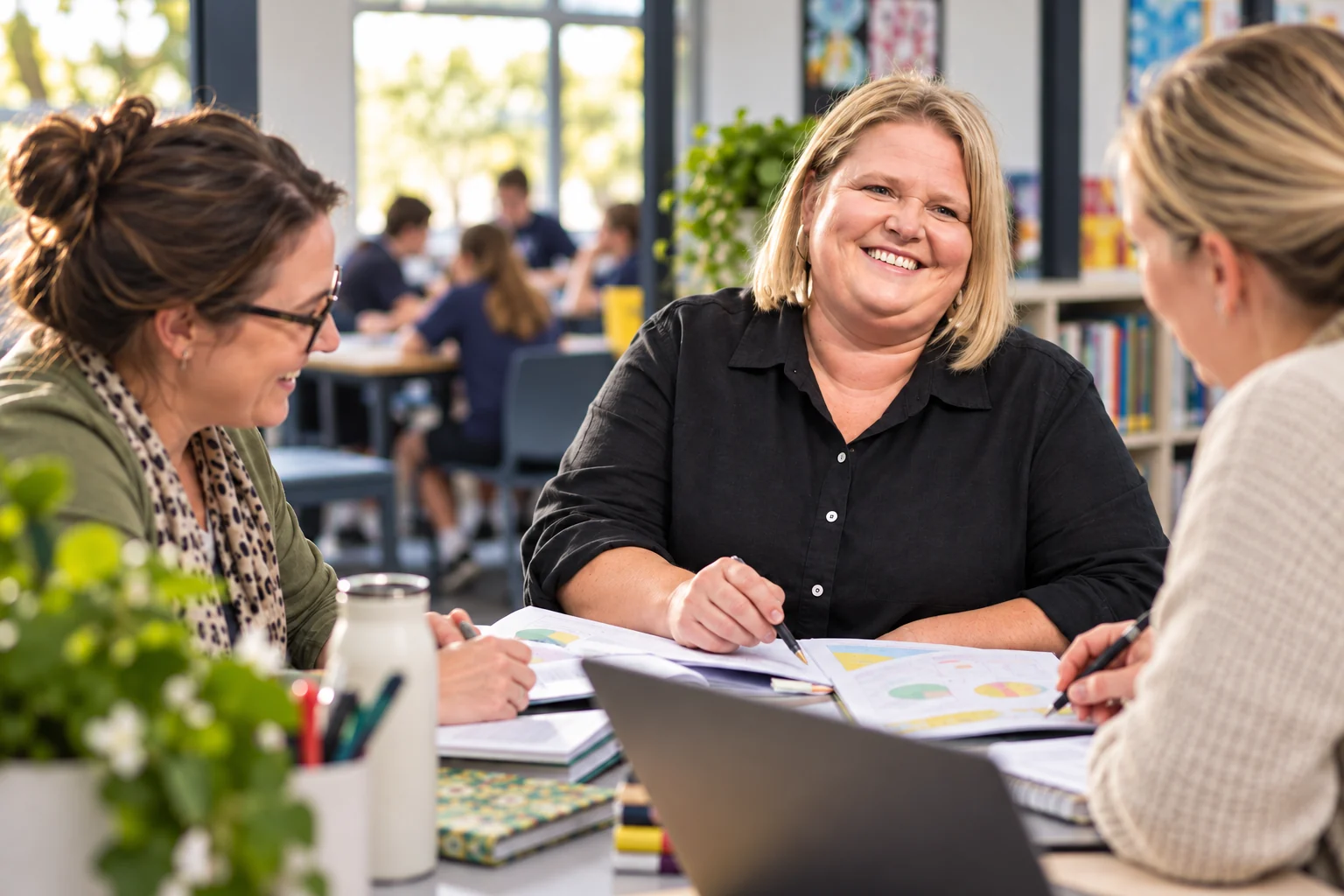 Jacquie Burrows planning with fellow educators