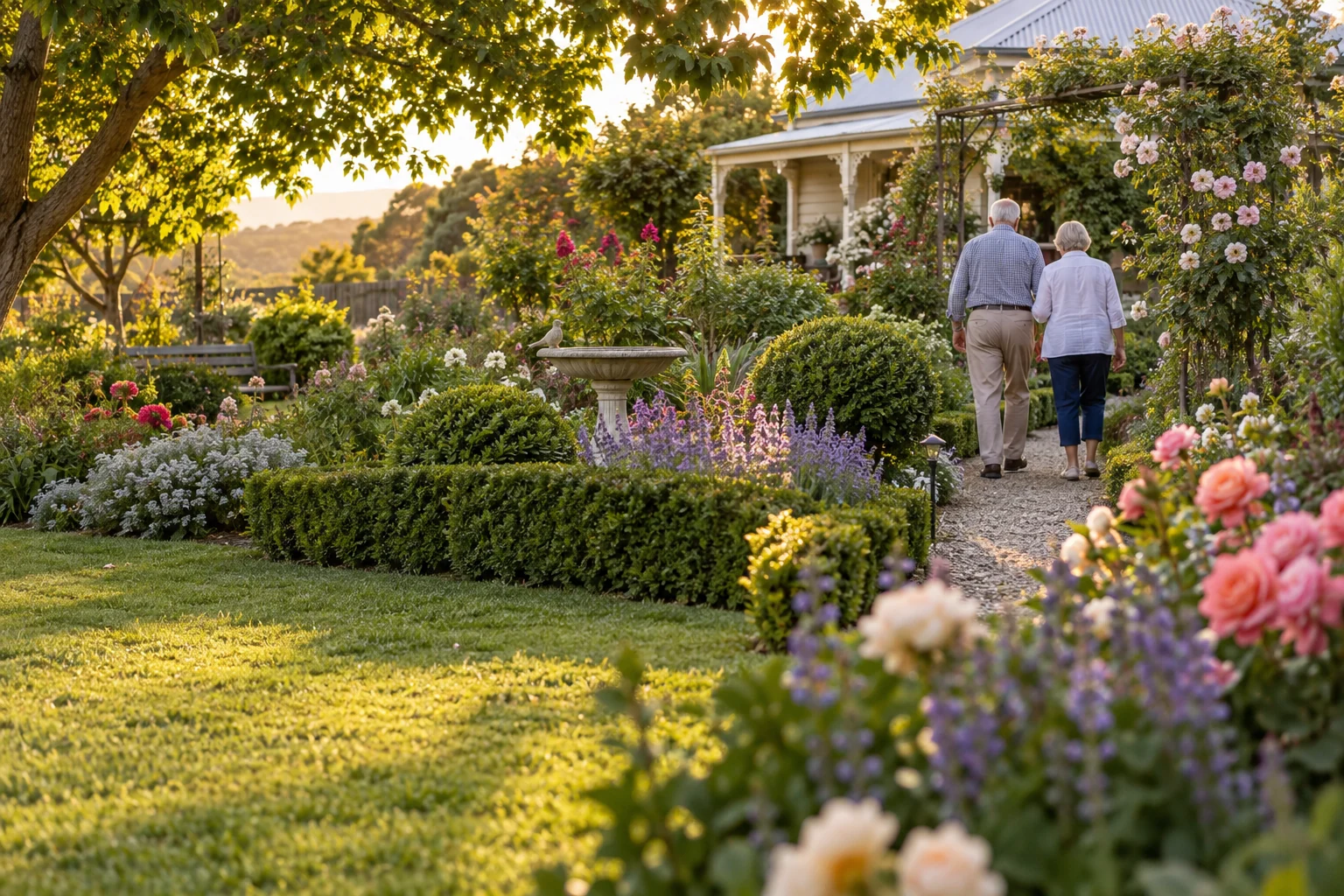 Interpretive garden owners walking together through a cared-for home garden