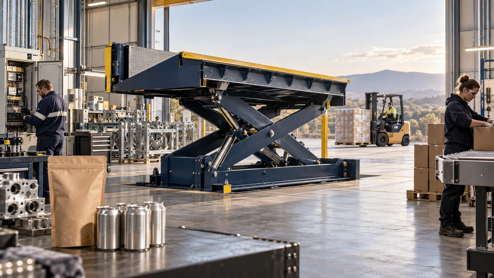 Illustrative contemporary scene of industrial equipment, coffee and beverage production