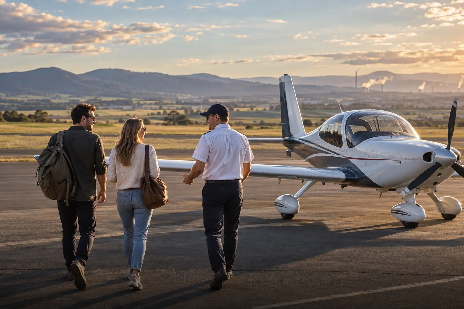 Illustrative visitors preparing for a light-aircraft experience at a regional airport