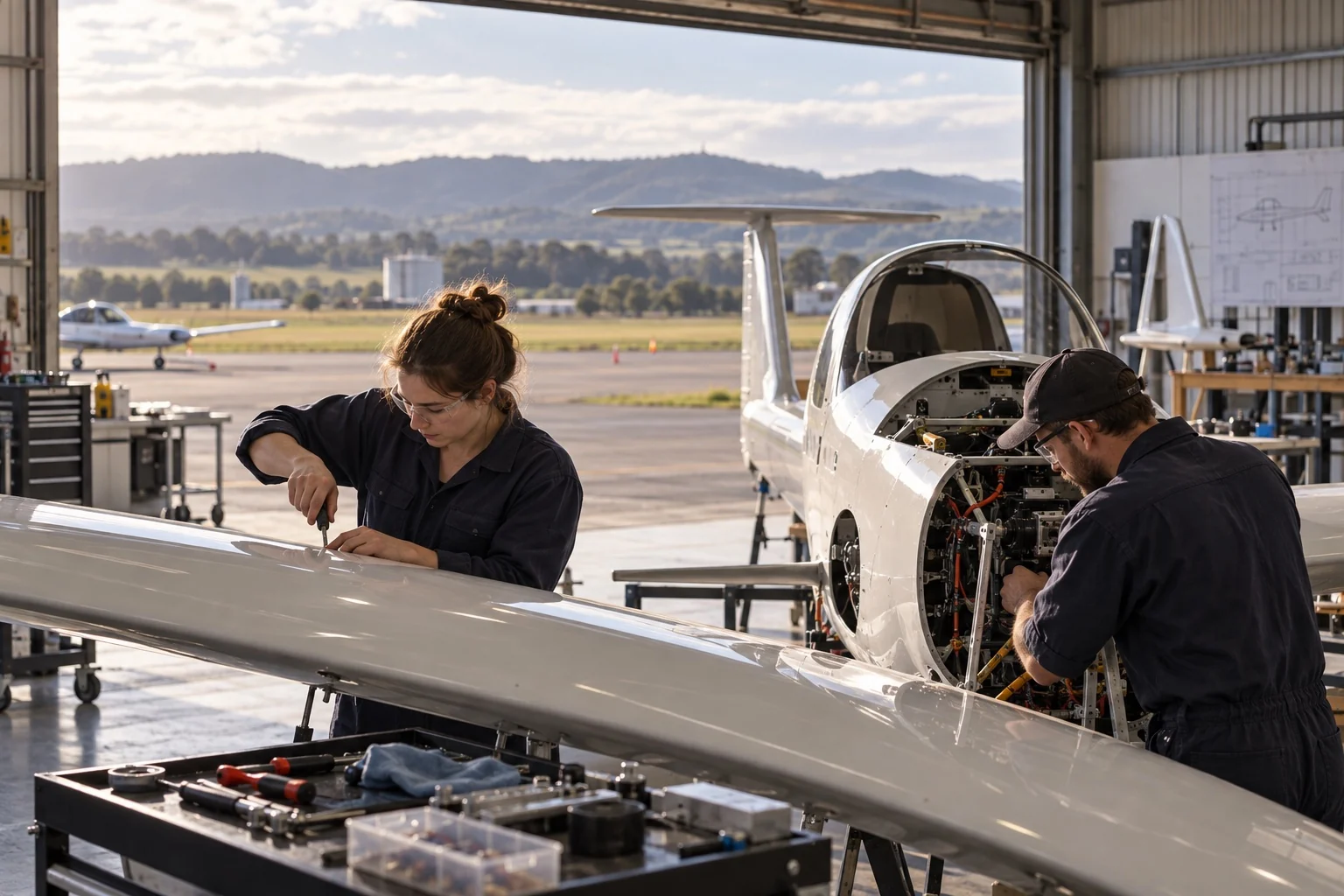 Illustrative aircraft component assembly in a regional aviation workshop