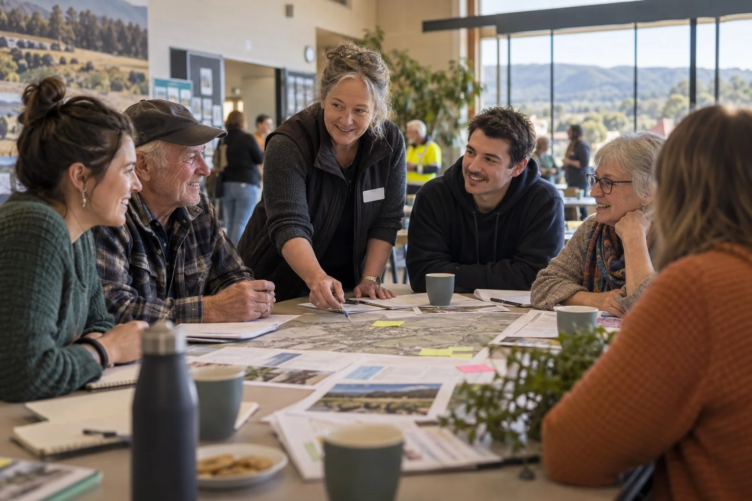 Illustrative community-service workers meeting with local residents