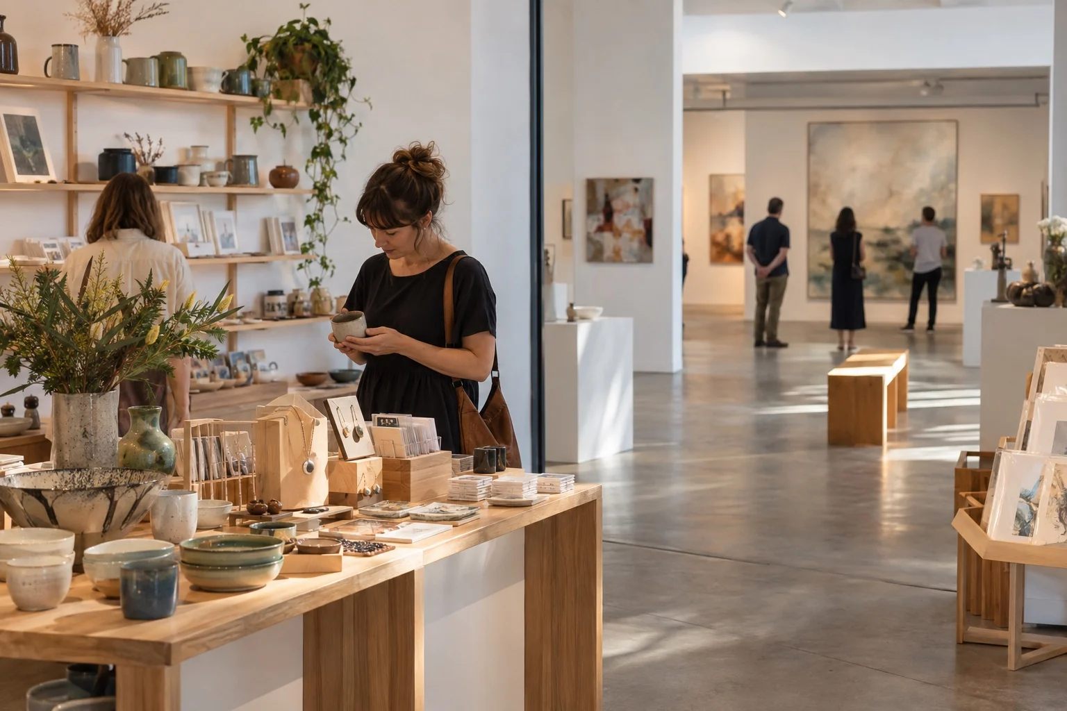 Illustrative gallery shop showcasing ceramics, jewellery and art prints