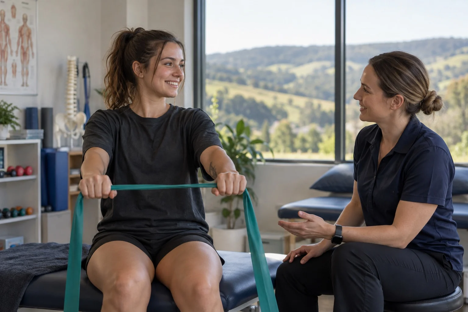 Illustrative young adult receiving rehabilitation care in a regional clinic