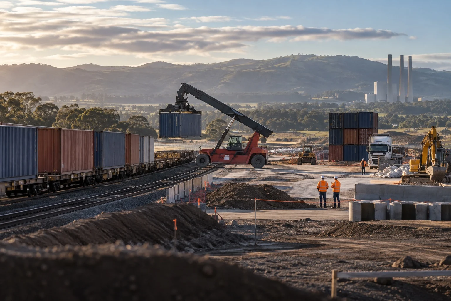 Illustrative intermodal freight precinct taking shape beside a regional rail line