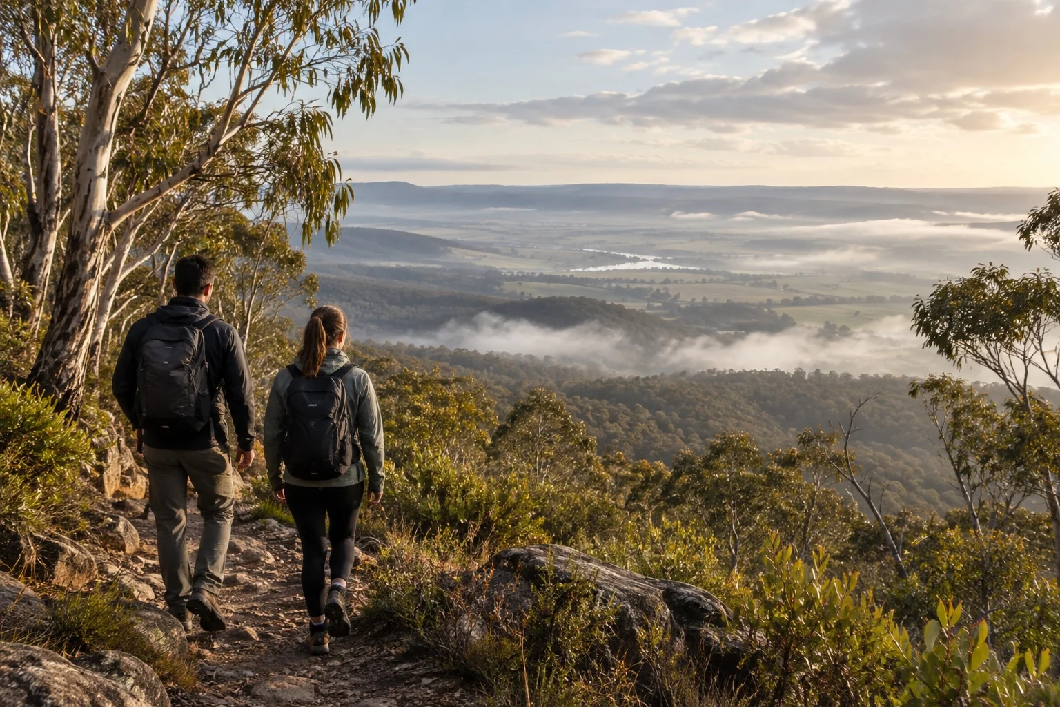 Illustrative hikers overlooking the Latrobe Valley and surrounding ranges