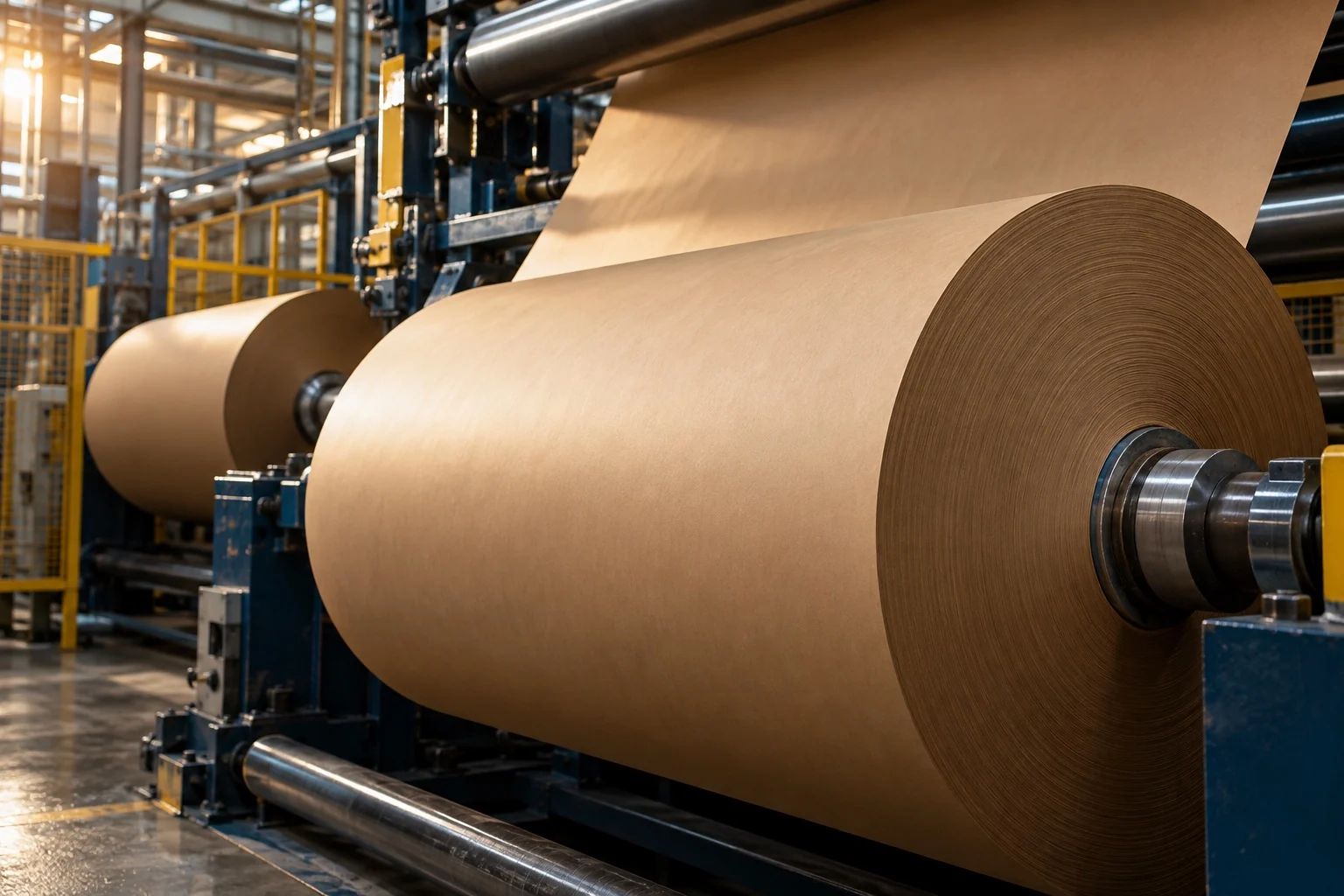 Illustrative rolls of kraft paper moving through industrial machinery