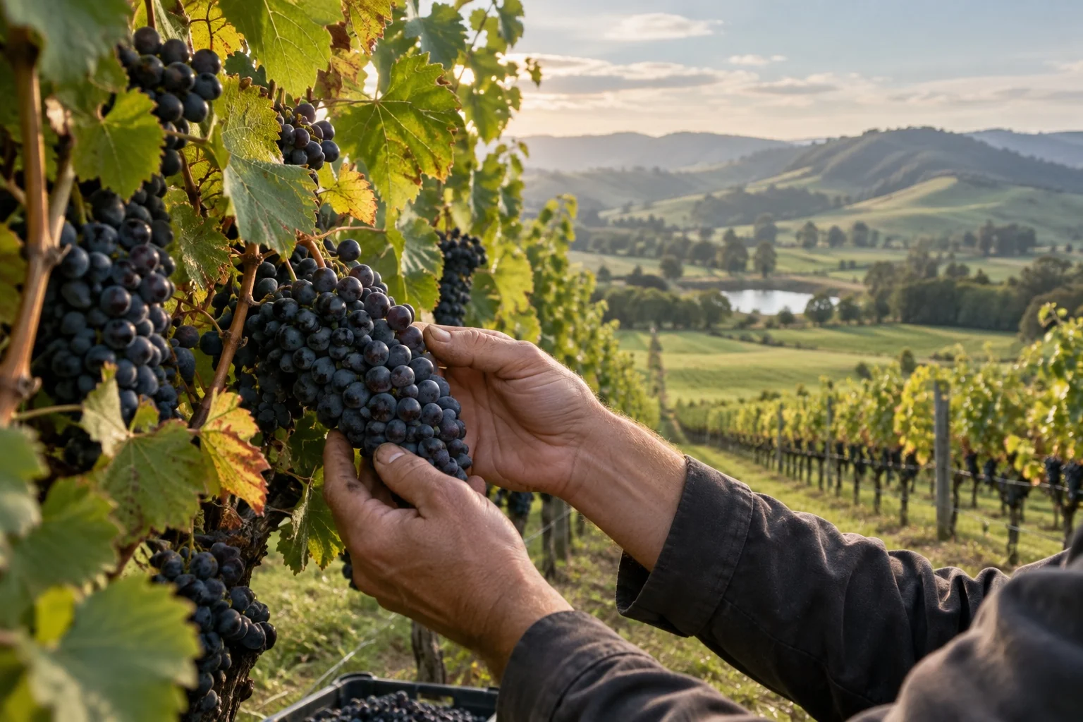 Illustrative wine grapes being checked in a Latrobe Valley vineyard