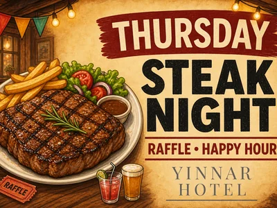 Yinnar Hotel's illustrated weekly program poster listing activities from Tuesday to Saturday.