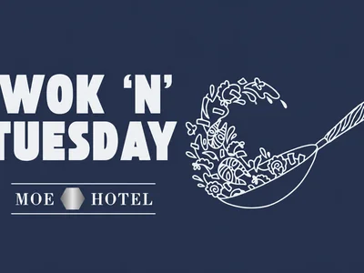 Graphic review tile for Wok Night at Moe Hotel.
