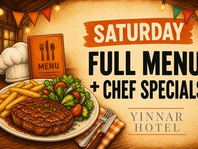 Yinnar Hotel's illustrated weekly program poster listing activities from Tuesday to Saturday.