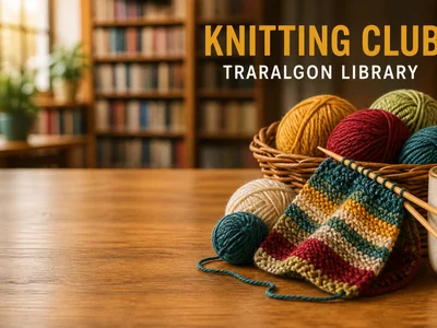 Graphic review tile for Knitting Club at Traralgon Library.