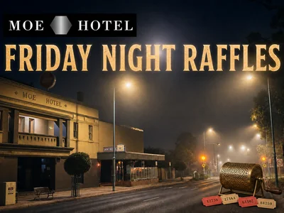 Graphic review tile for Friday Night Raffles at Moe Hotel.