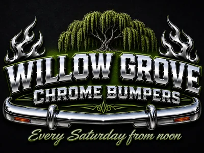 AI-generated Willow Grove Chrome Bumpers tile with a willow tree, chrome lettering, a chrome bumper and stylised flames