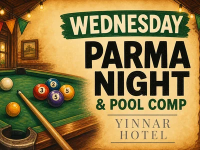 Yinnar Hotel's illustrated weekly program poster listing activities from Tuesday to Saturday.